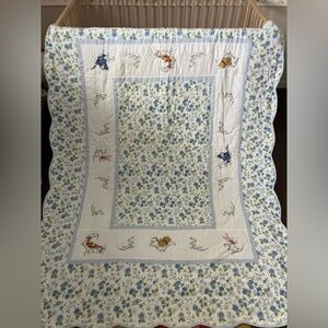 Vintage Disney Store Winnie the Pooh Blue Floral Quilt & Blanket *RARE*